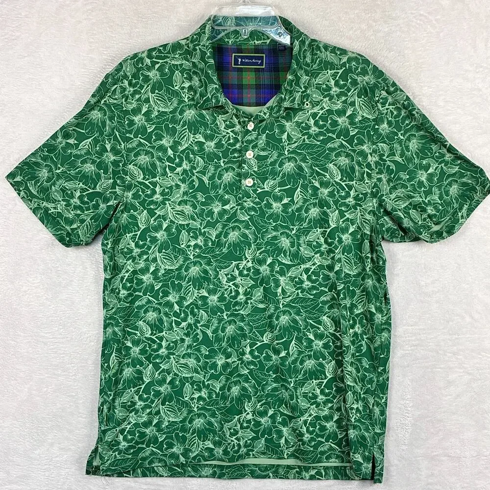 William Murray Polo Shirt Men M Green Floral AOP Performance Hawaiian Aloha Golf